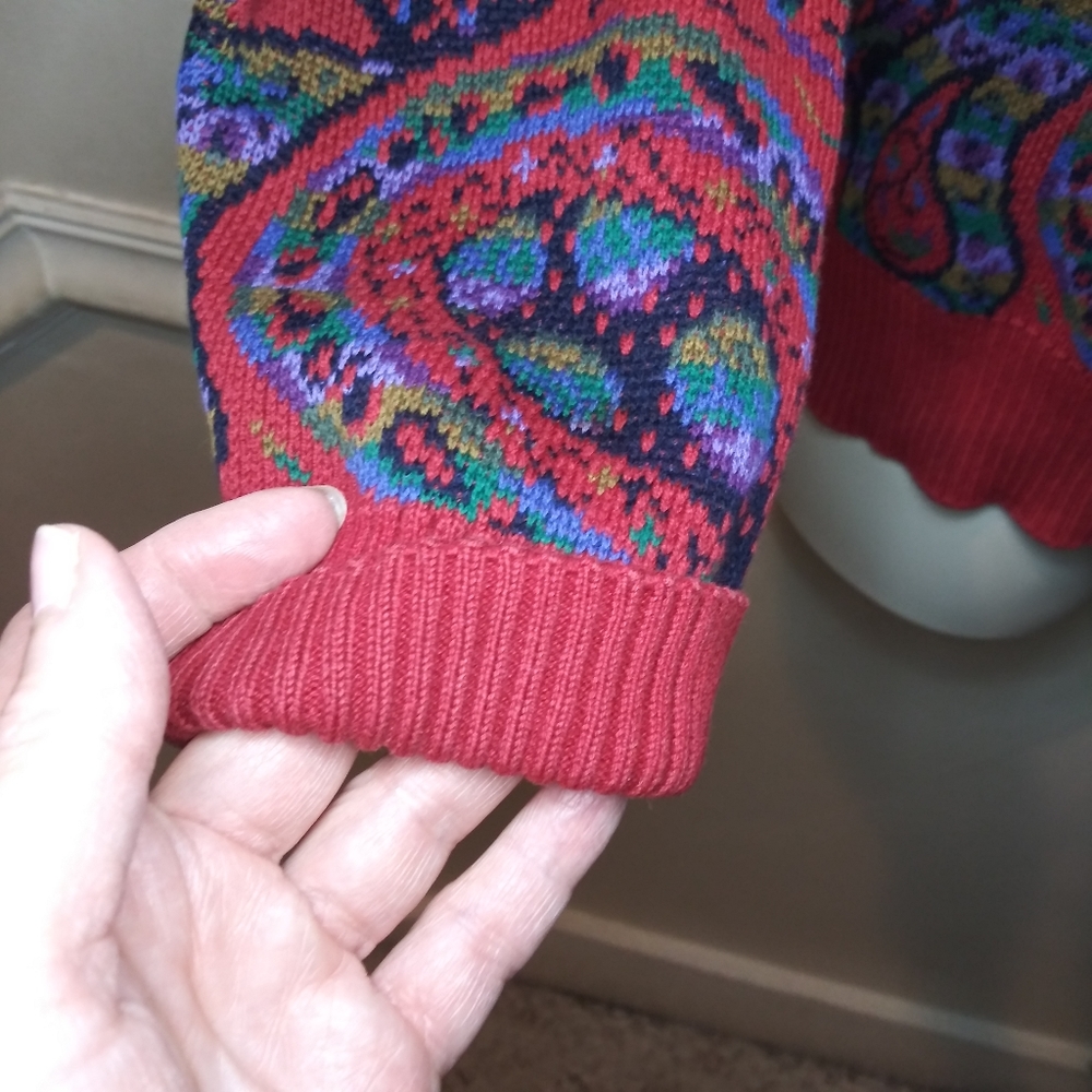 Vintage 80's Men's Grandpa Style Red & Purple Multicolored Paisley Sweater - Picture 3 of 10